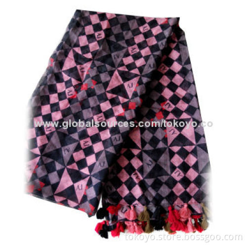 Luxury digital printed scarf with colored pop tassels, measures 180*70cm, super hand texture